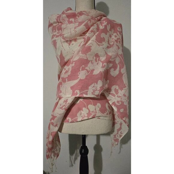 Etcetera Silk Linen Scarf Wrap Womans Pink & Ivory Floral 30" x 80" - Picture 3 of 6